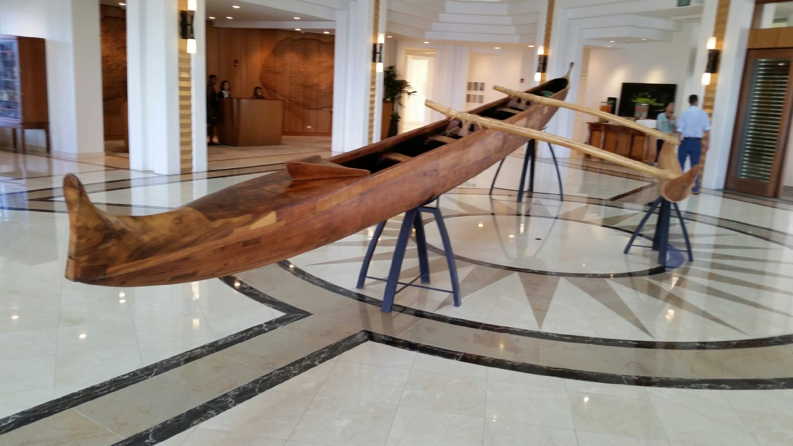 Canoe in hotel lobby on stands